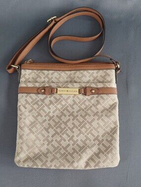 Tommy Hilfiger Beige Monogram Jacquard North South Crossbody Bag Purse OS